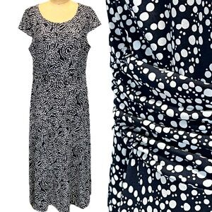 Ocean wave polka‎ dot dress short cap sleeve midi maxi navy blue stretchy